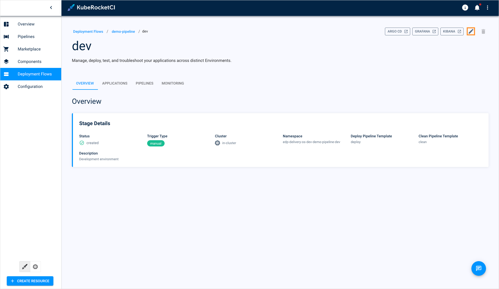 Edit environment button