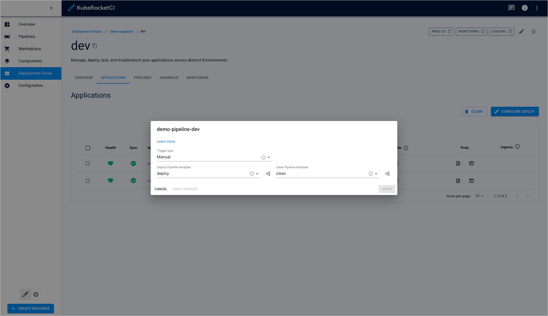 Edit environment dialog