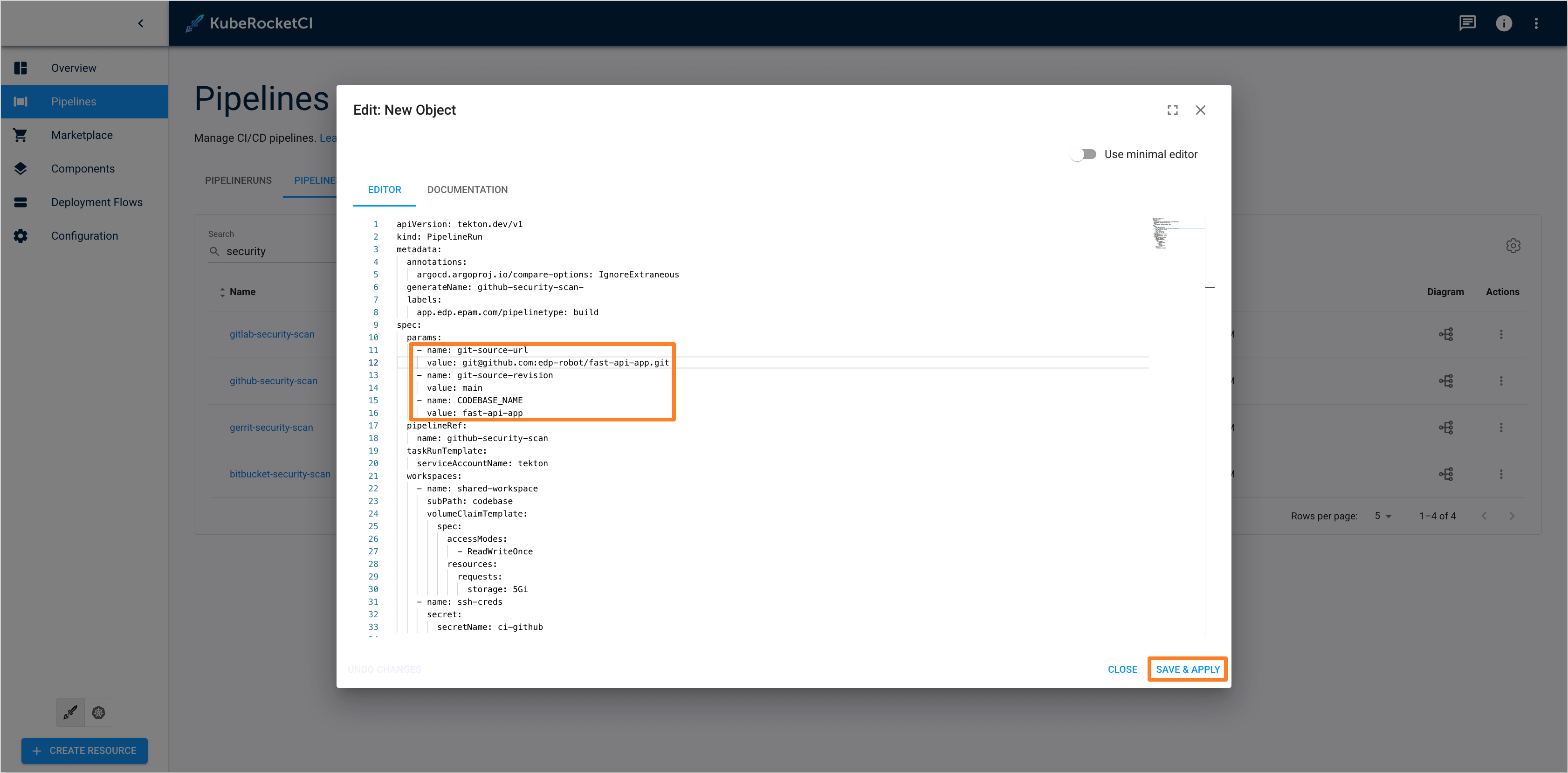 Security scan parameters