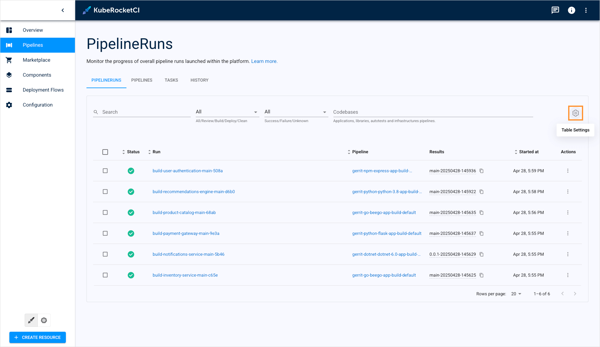 Table settings button