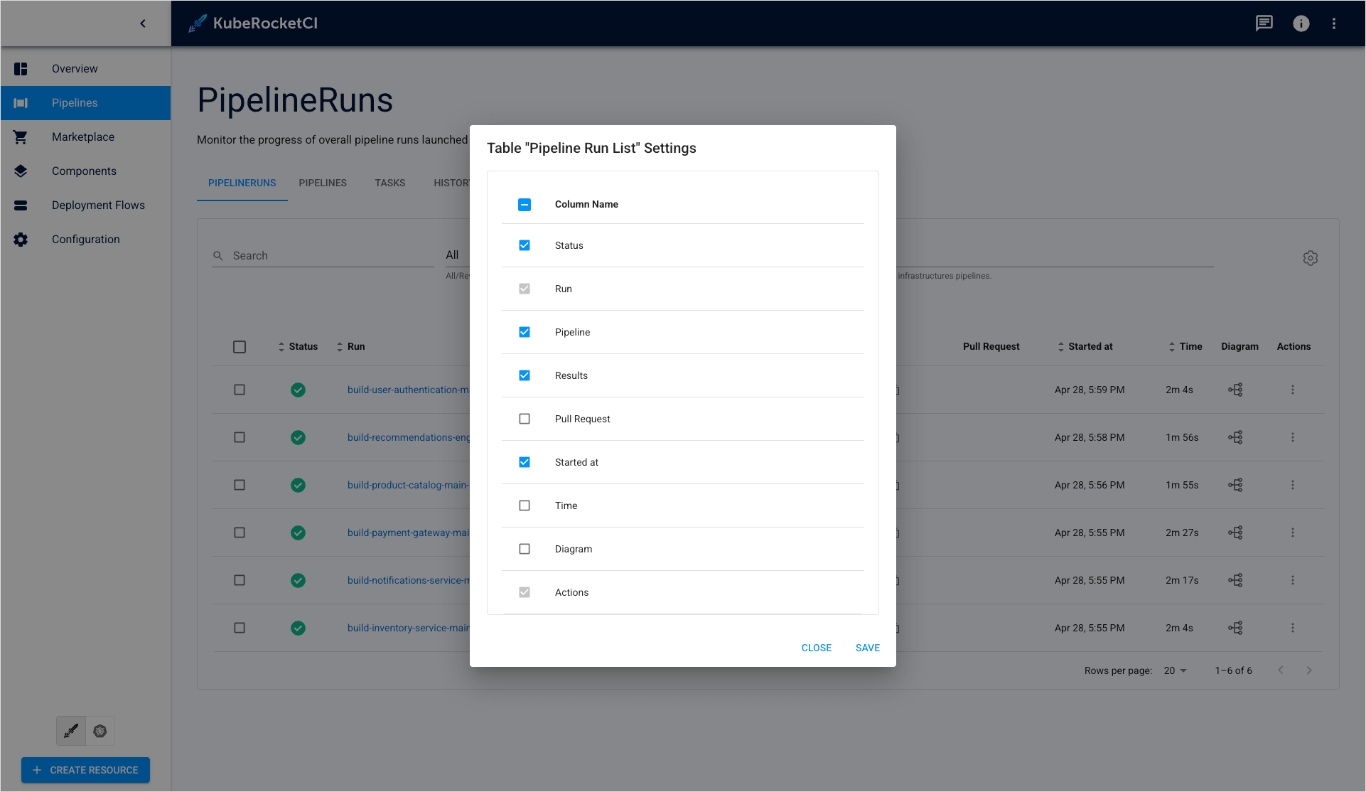 Table settings window